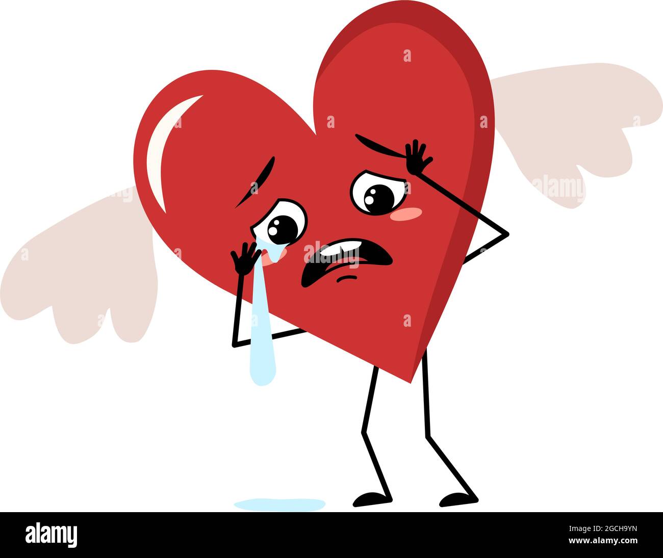 Adorable caractère coeur rouge avec ailes et pleurs et larmes émotions, triste visage, bras et jambes. Décoration festive pour la Saint-Valentin avec les yeux Illustration de Vecteur