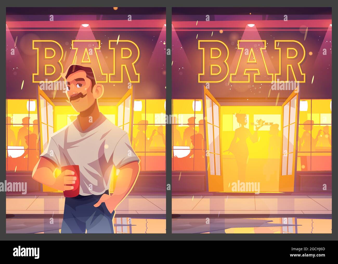 Affiche de dessin animé de bar. Homme avec une tasse au pub Illustration de Vecteur