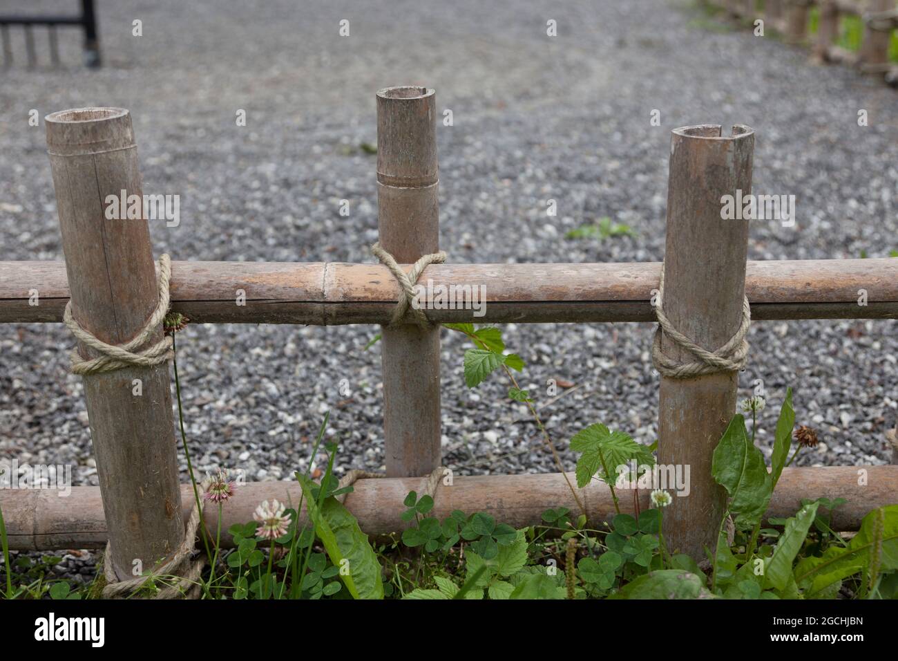 Faible barrière de bambou japonais au jardin Banque D'Images