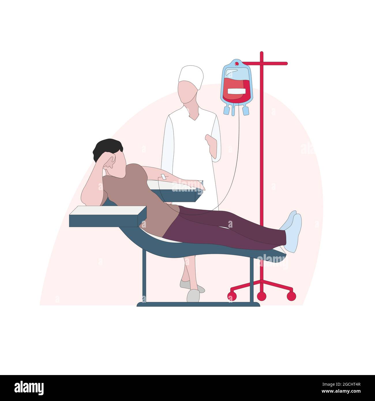 Donneur donner du sang à l'organisme de bienfaisance, égoutter et approvisionner, recueillir immédiatement pour transfusion, don de soins de santé par volontaire, patient dans le laboratoire clinique, vec Illustration de Vecteur
