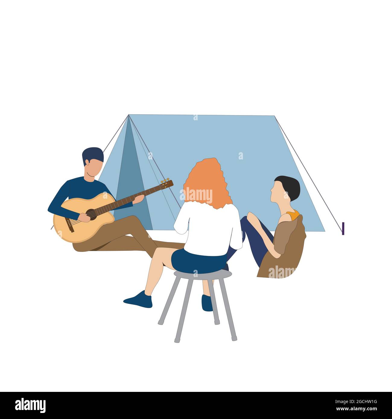 Les amis passent du temps près d'un feu de camp avec de la guitare. Les gars assis au camp, écouter de la guitare et profiter d'un environnement amical et confortable. Illustration vectorielle Illustration de Vecteur