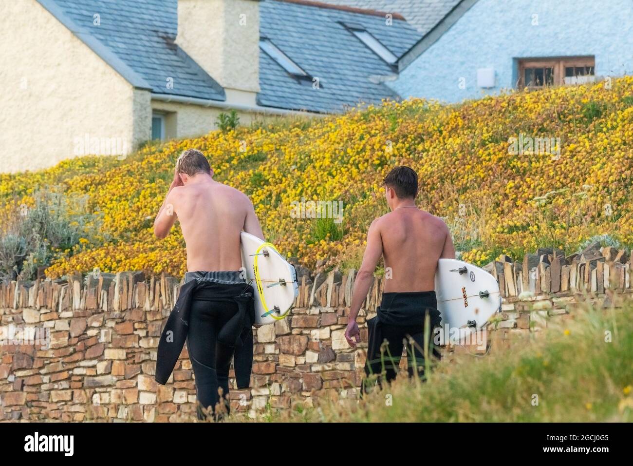 Vue arrière de deux jeunes surfeurs mâles fatigués transportant leurs planches de surf marchant le long du sentier côtier sur la Pointe de Newquay en Cornouailles. Banque D'Images