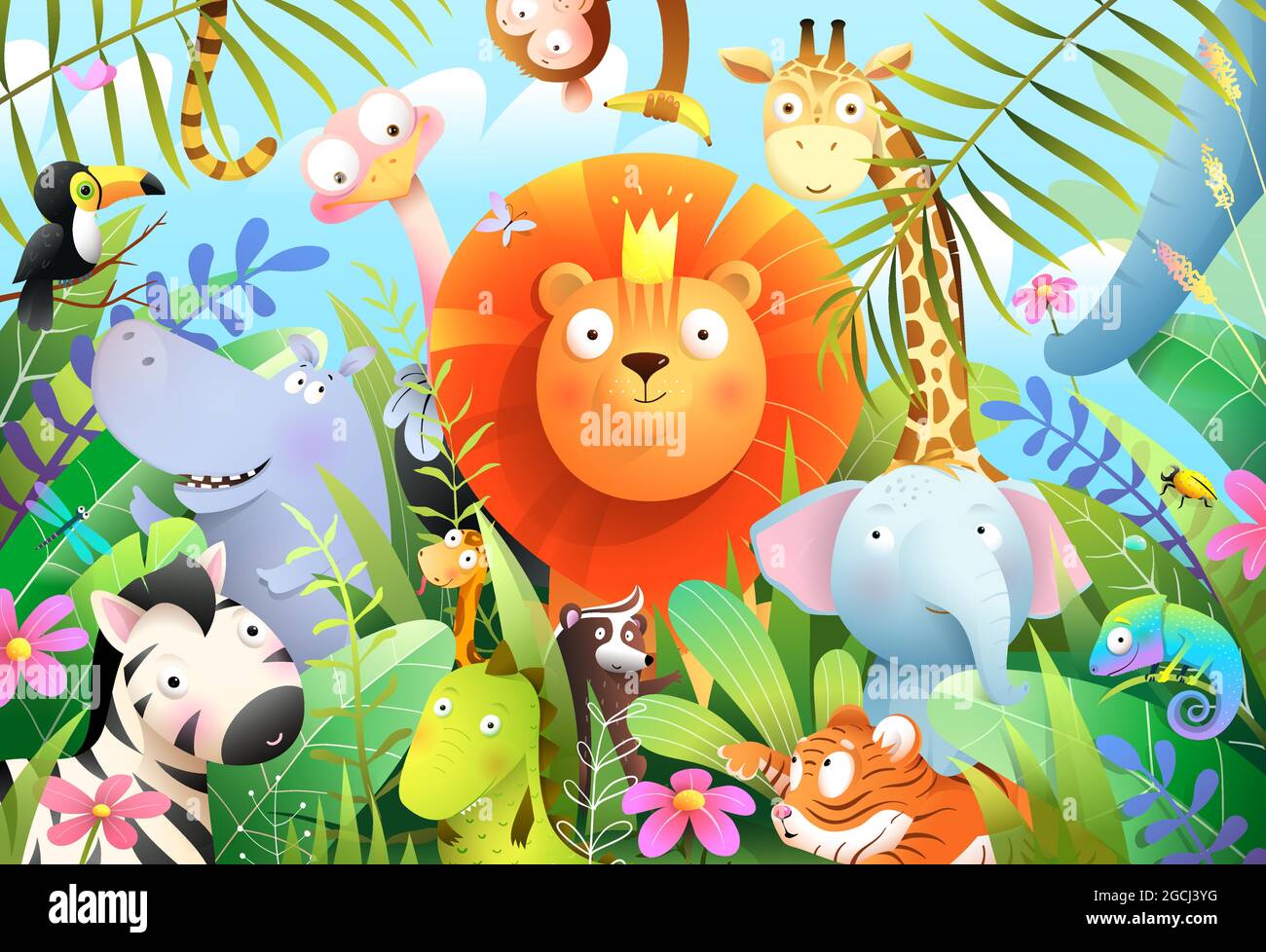 King of Jungle Forest Lion avec enfants Baby Animals Illustration de Vecteur