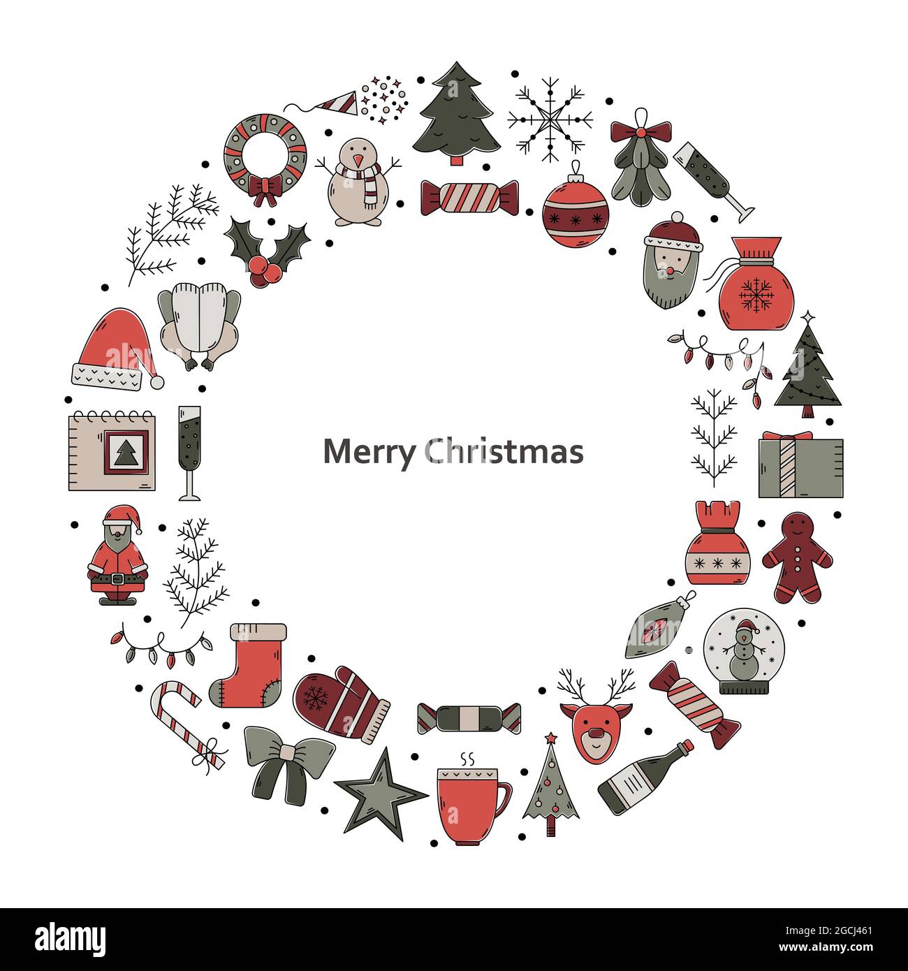 Illustration de Noël vectoriel avec un ensemble d'icônes dans un rond avec un endroit pour le texte. Illustration de Vecteur