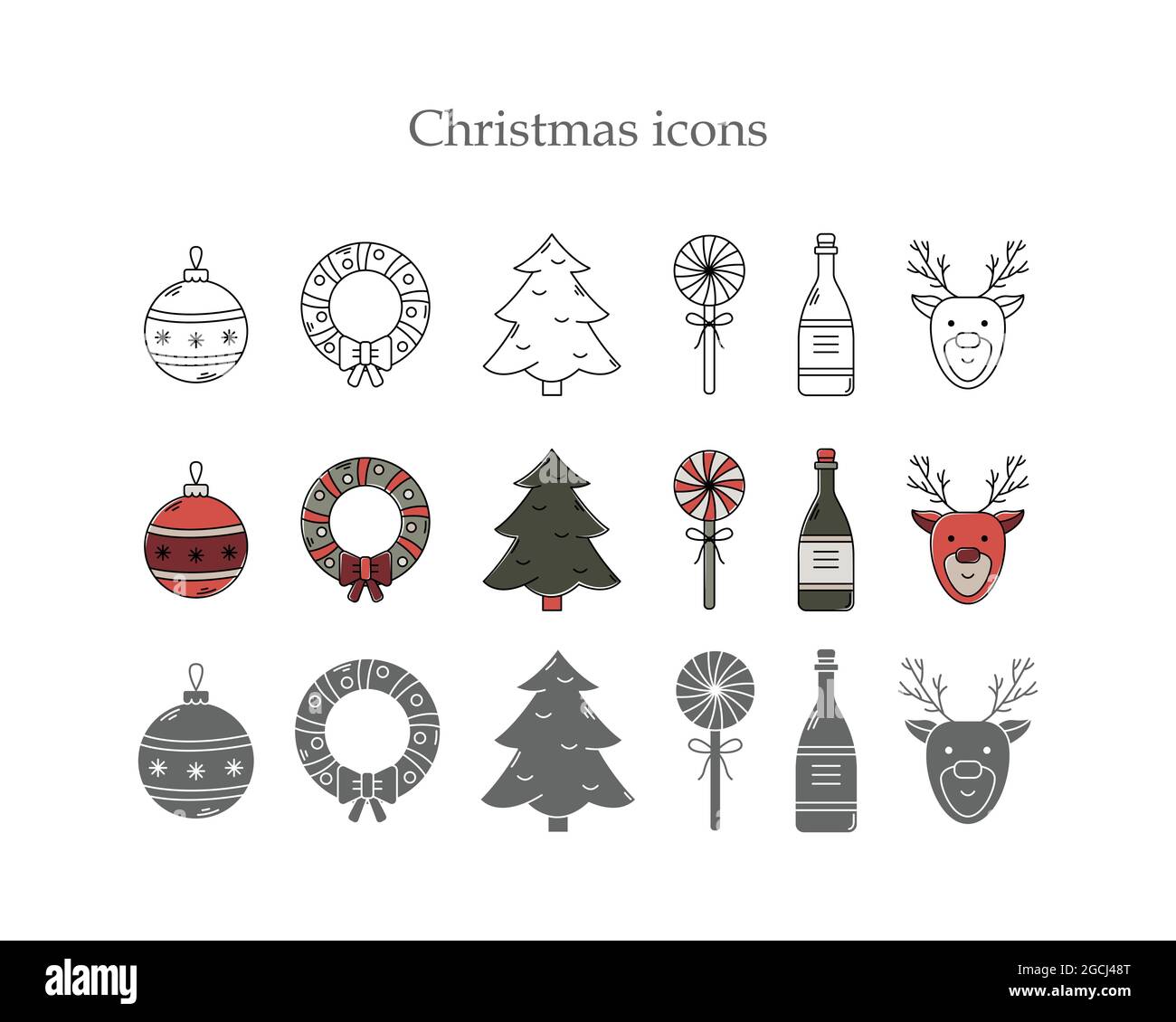 Ensemble vectoriel d'icônes de Noël en trois styles. Dessin au trait, style simple et contour de couleur. Illustration de Vecteur