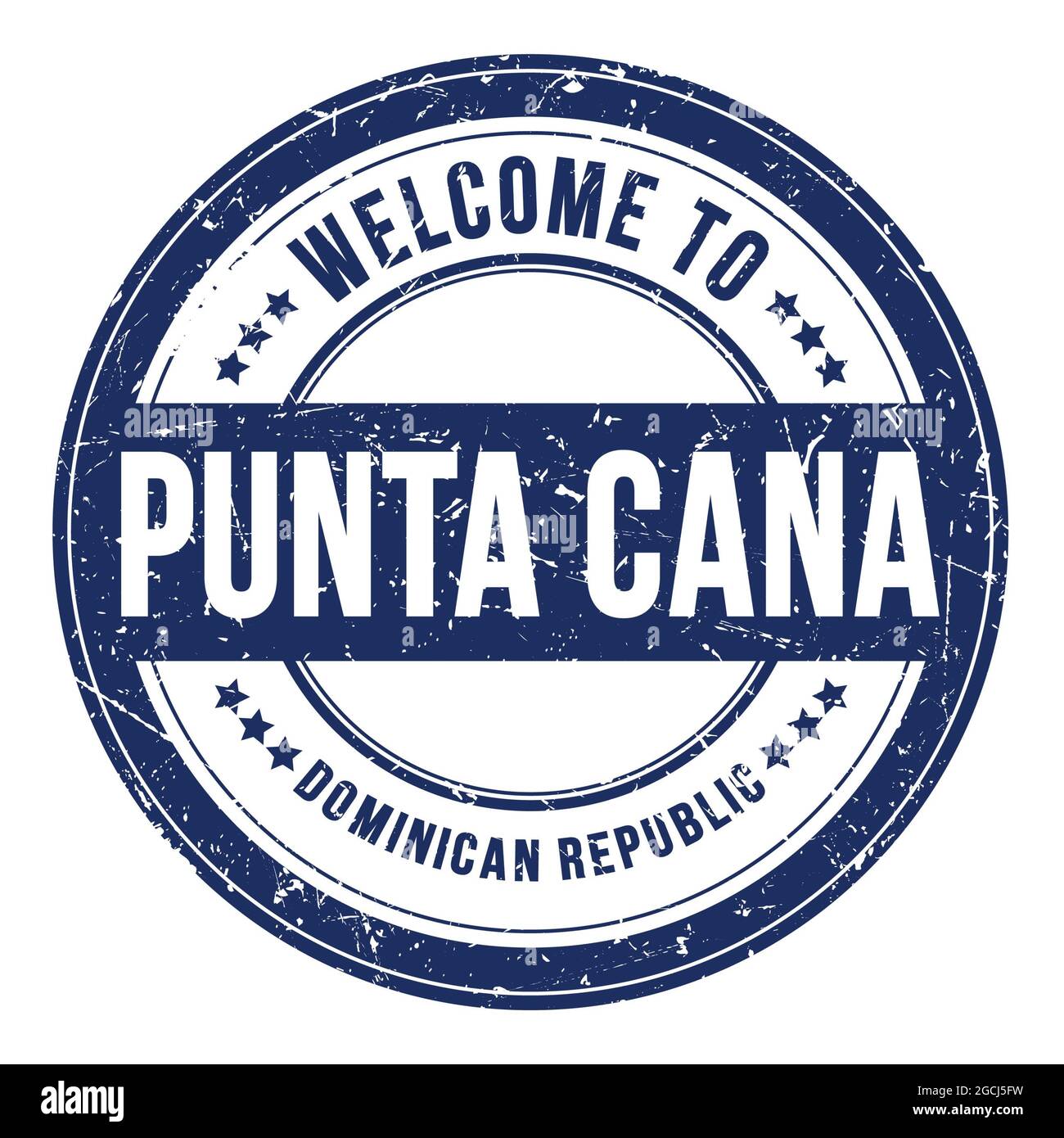 BIENVENUE À PUNTA CANA - RÉPUBLIQUE DOMINICAINE, mots écrits sur le timbre bleu rond de pièce Banque D'Images