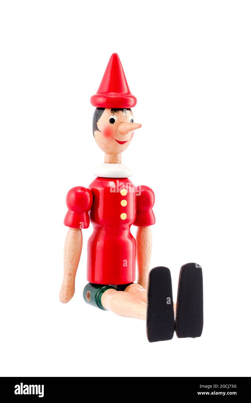 Statue de jouets Pinocchio isolé sur fond blanc Banque D'Images