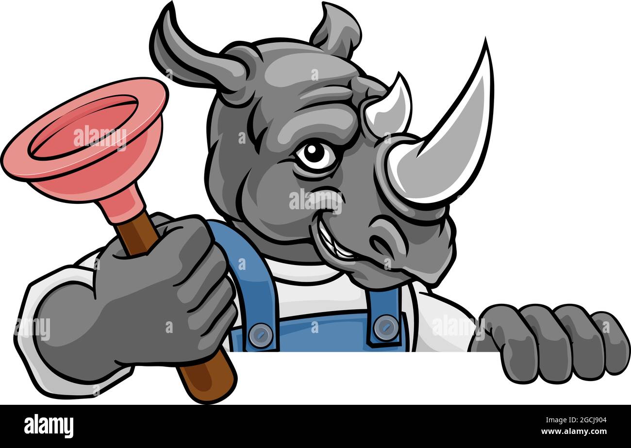 Plombier Cartoon Mascot Rhino Plongeur Holding Illustration de Vecteur