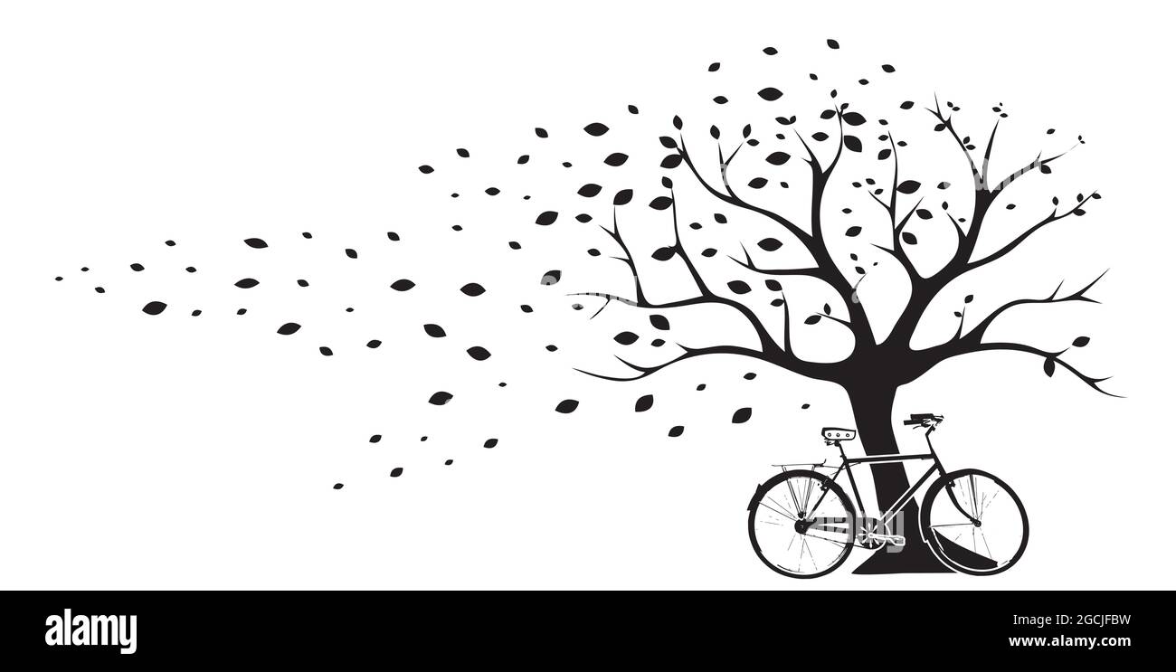 Illustration de l'arbre en automne avec des feuilles tombant du vent et vélo vintage isolé sur fond blanc, vecteur. Décalcomanies murales, art mural, illustrations. Illustration de Vecteur
