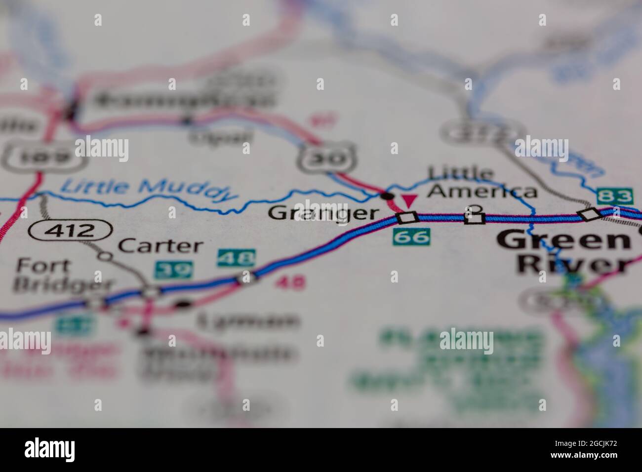 Granger Wyoming USA indiqué sur une carte routière ou une carte de la géographie Banque D'Images
