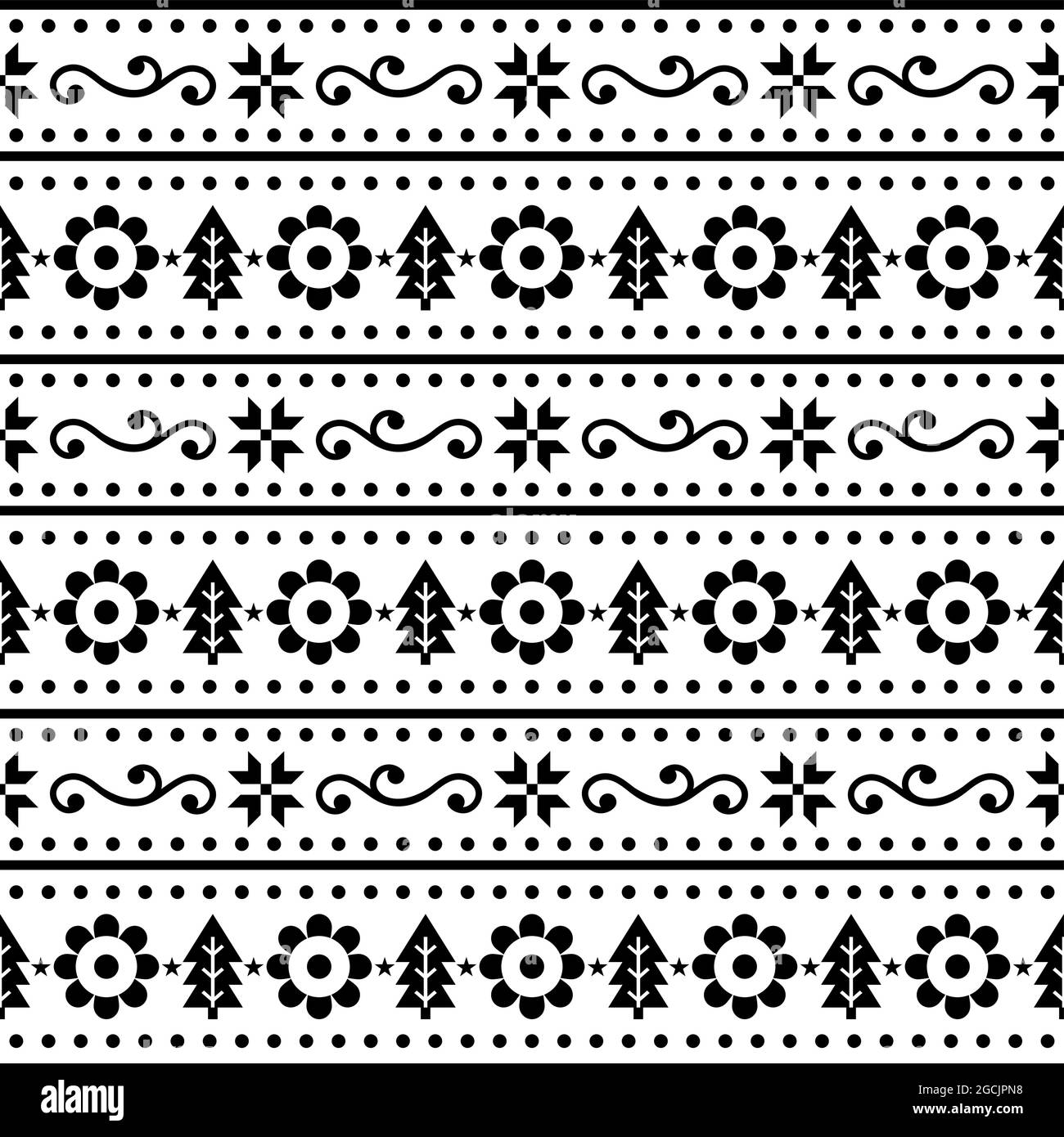 Noël scandinave folk art vector sans couture motif, Nordic festive design avec flocons de neige, fleurs, arbres de Noël en noir sur fond blanc Illustration de Vecteur