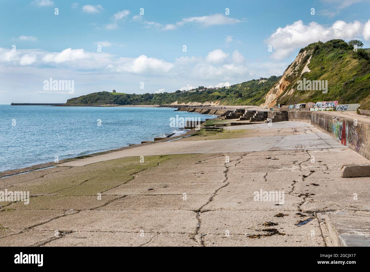 Les défenses en béton de la mer et les falaises blanches à Folkestone Warren, Kent Banque D'Images