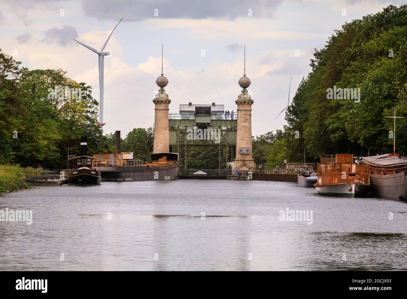 Schiffshebewerk, Henichenburg Old Boat Lift, site du patrimoine industriel sur le canal EMS de Dortmund, Waltrop, Rhénanie-du-Nord-Westphalie, Allemagne Banque D'Images