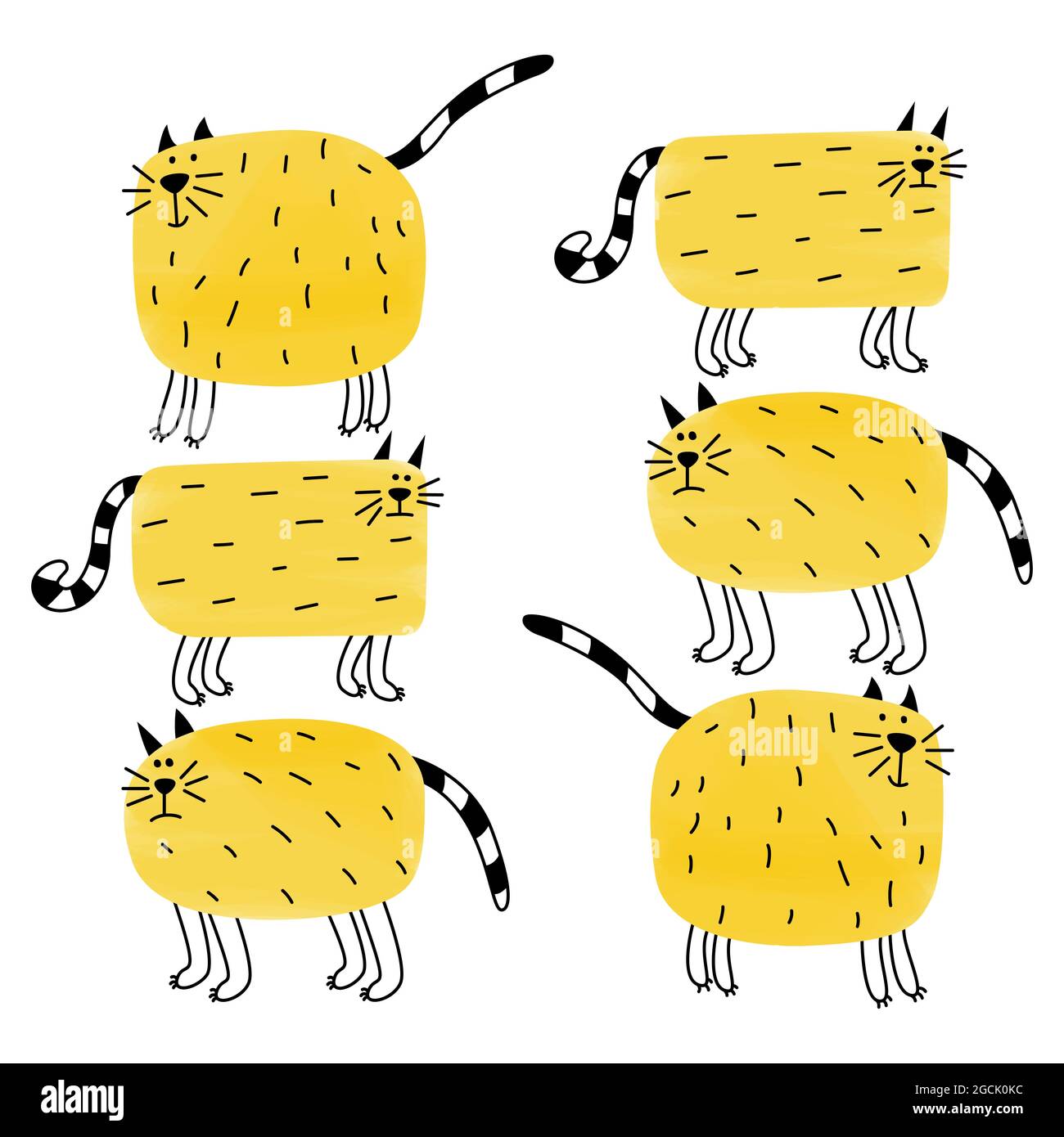 Chats doodle drôles. Dessins animés animaux mignons à la main. Illustrations jaune vif pour la conception de logos, emblèmes, étiquettes, enseignes. Mascotte fraîche Illustration de Vecteur