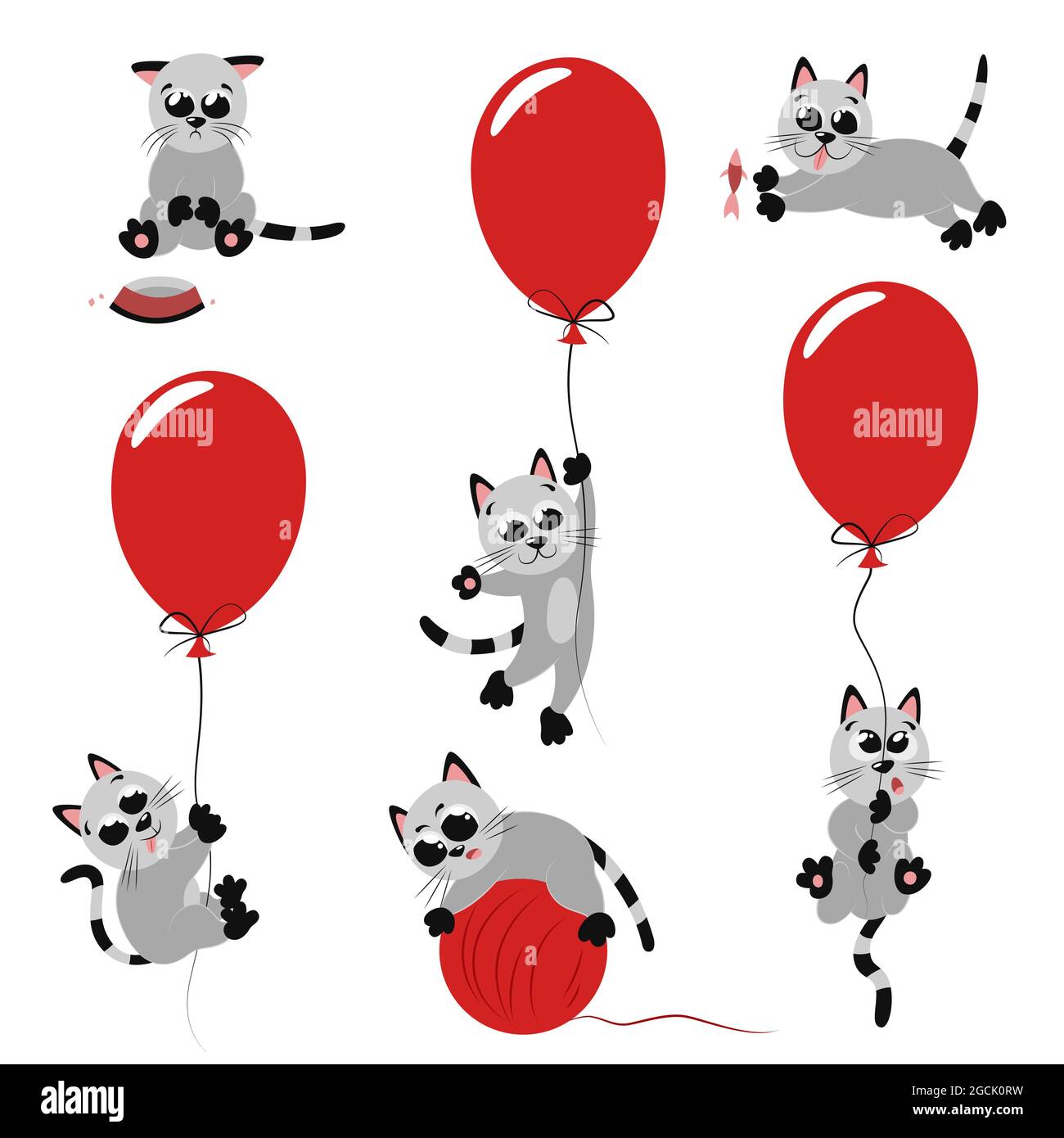 Collection de chatons de dessins animés. Jeu d'illustrations lumineuses avec animaux pour la création d'affiches de pépinière. Personnage de mascotte frais dans différentes situations Illustration de Vecteur