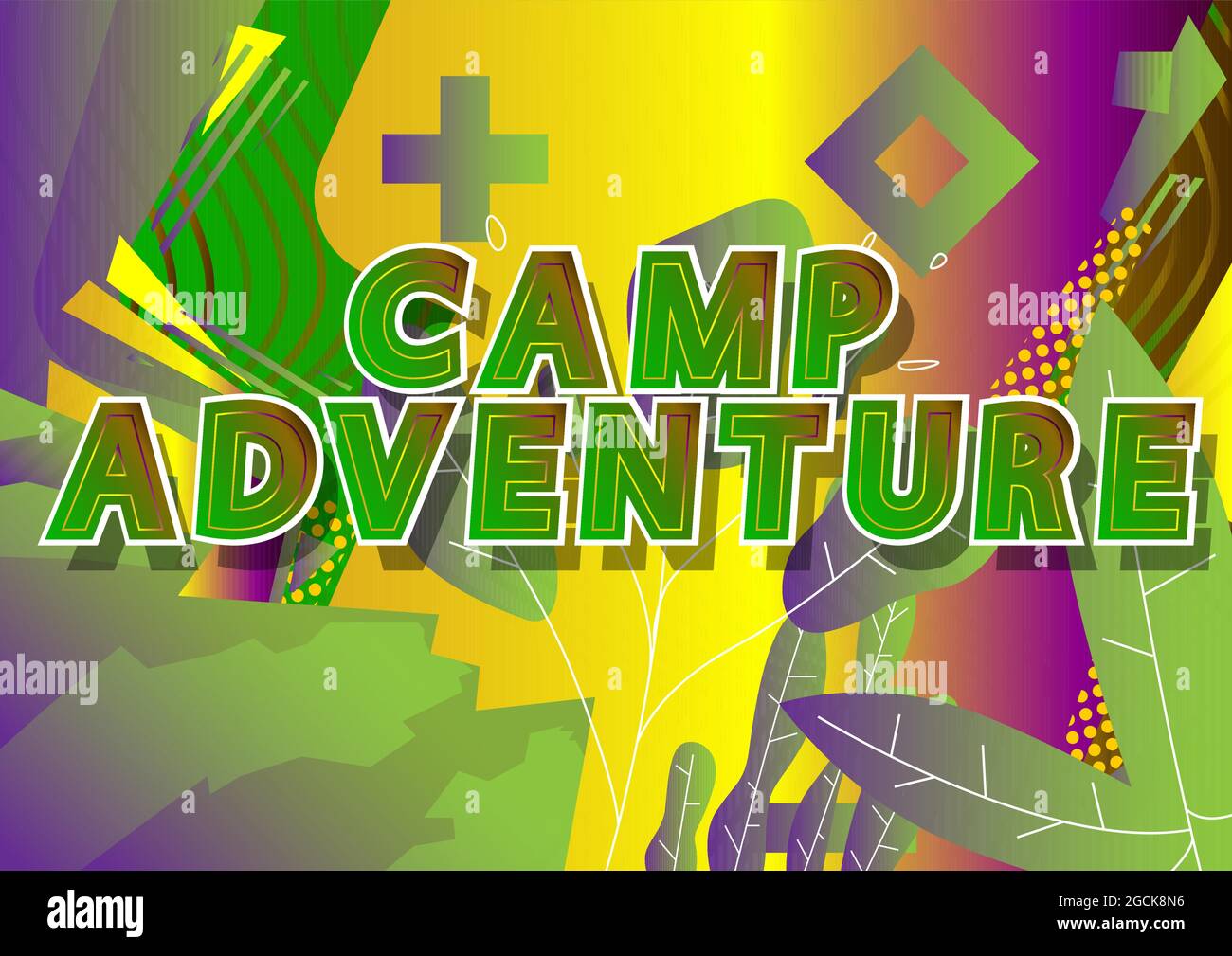 Texte Camp Adventure. Camping, randonnée pédestre, aventure pour les enfants et les adolescents. Message d'invitation abstrait, affiche, bannière. Illustration de Vecteur