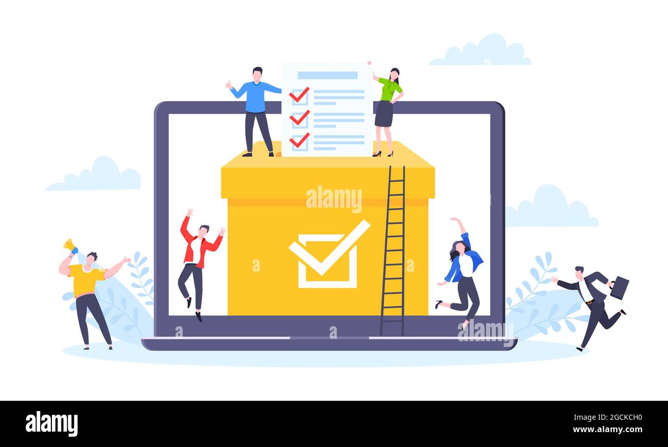 Concept de vote en ligne modèle plat dessin illustration vectorielle. Des personnes minuscules avec sondage de vote en ligne de l'enquête de travail ensemble. Illustration de Vecteur