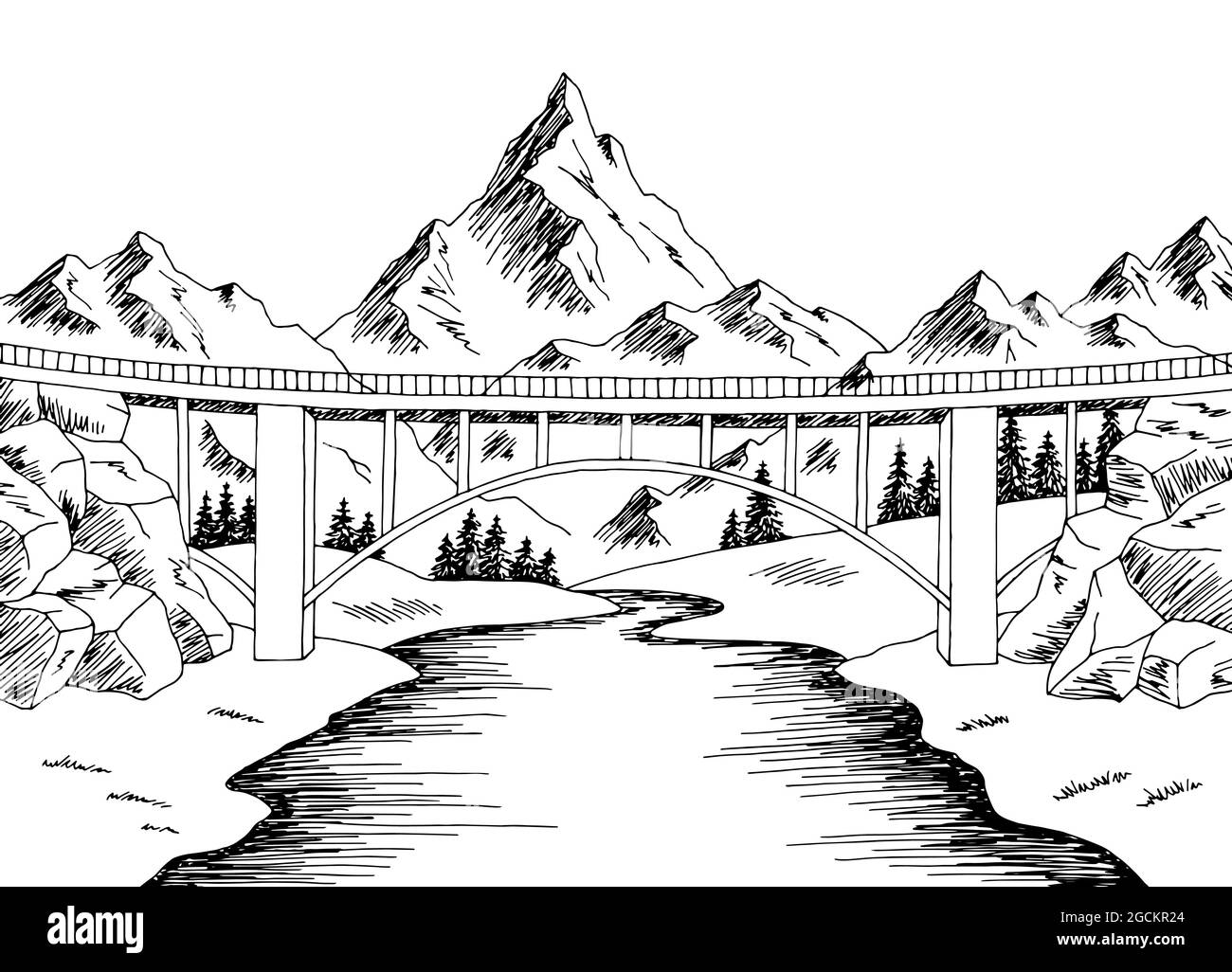 Mountain Bridge River graphique noir blanc paysage dessin illustration vecteur Illustration de Vecteur
