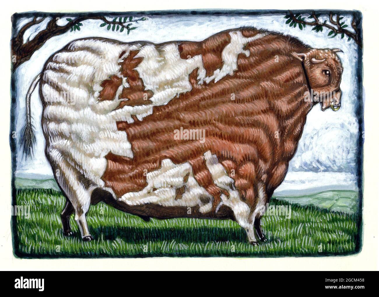 Illustration artistique montrant une vache musclée dans le style de peintures du XVIIIe siècle de bétail à prix. La carte européenne en bloc reflète les marchés perdus à cause du Brexit. Banque D'Images