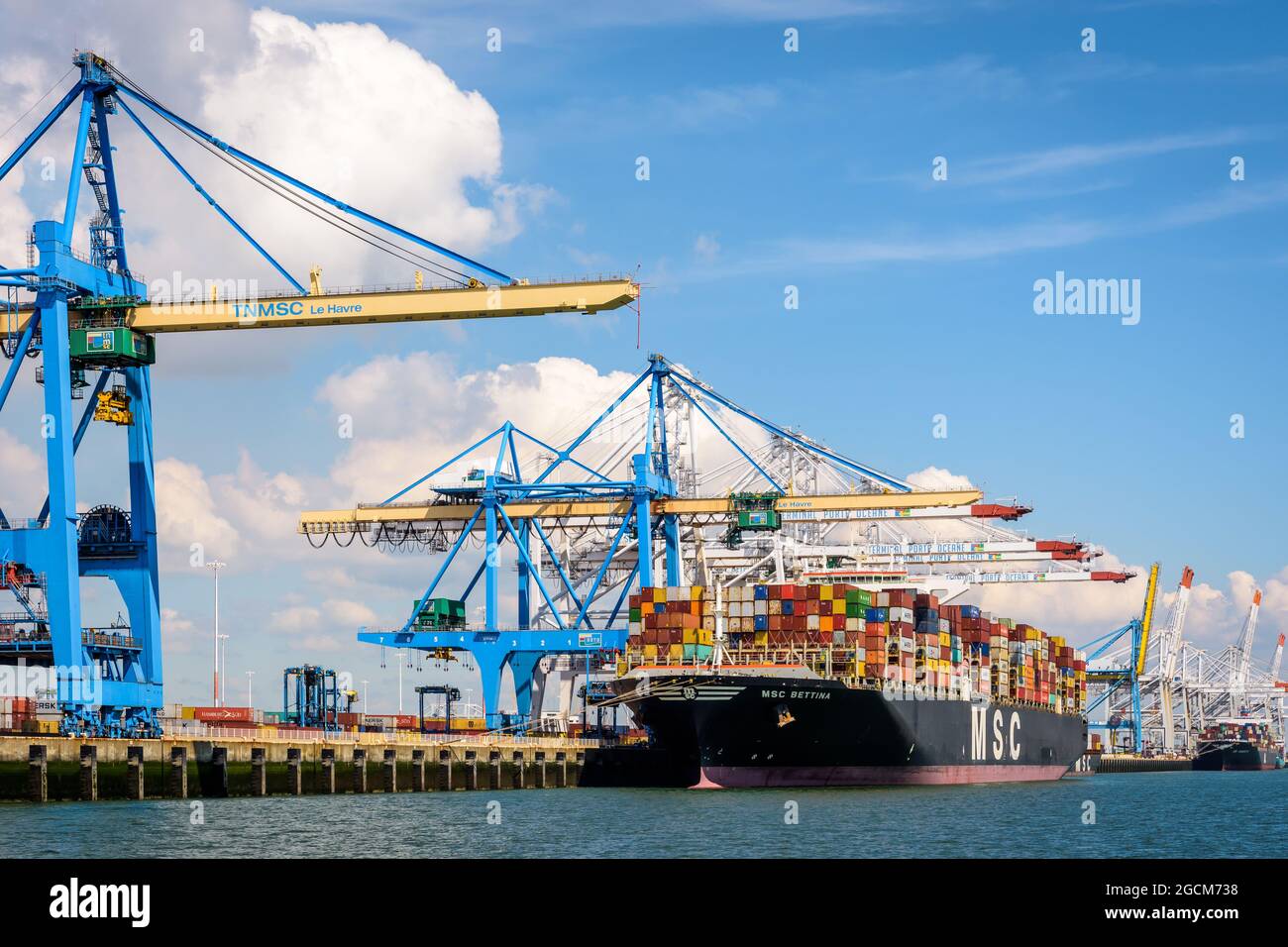 Navire-conteneur MSC Bettina amarré au terminal de conteneurs Port 2000 du Havre, en France, en train d'être déchargé par des grues portiques de conteneurs super post-panamax. Banque D'Images