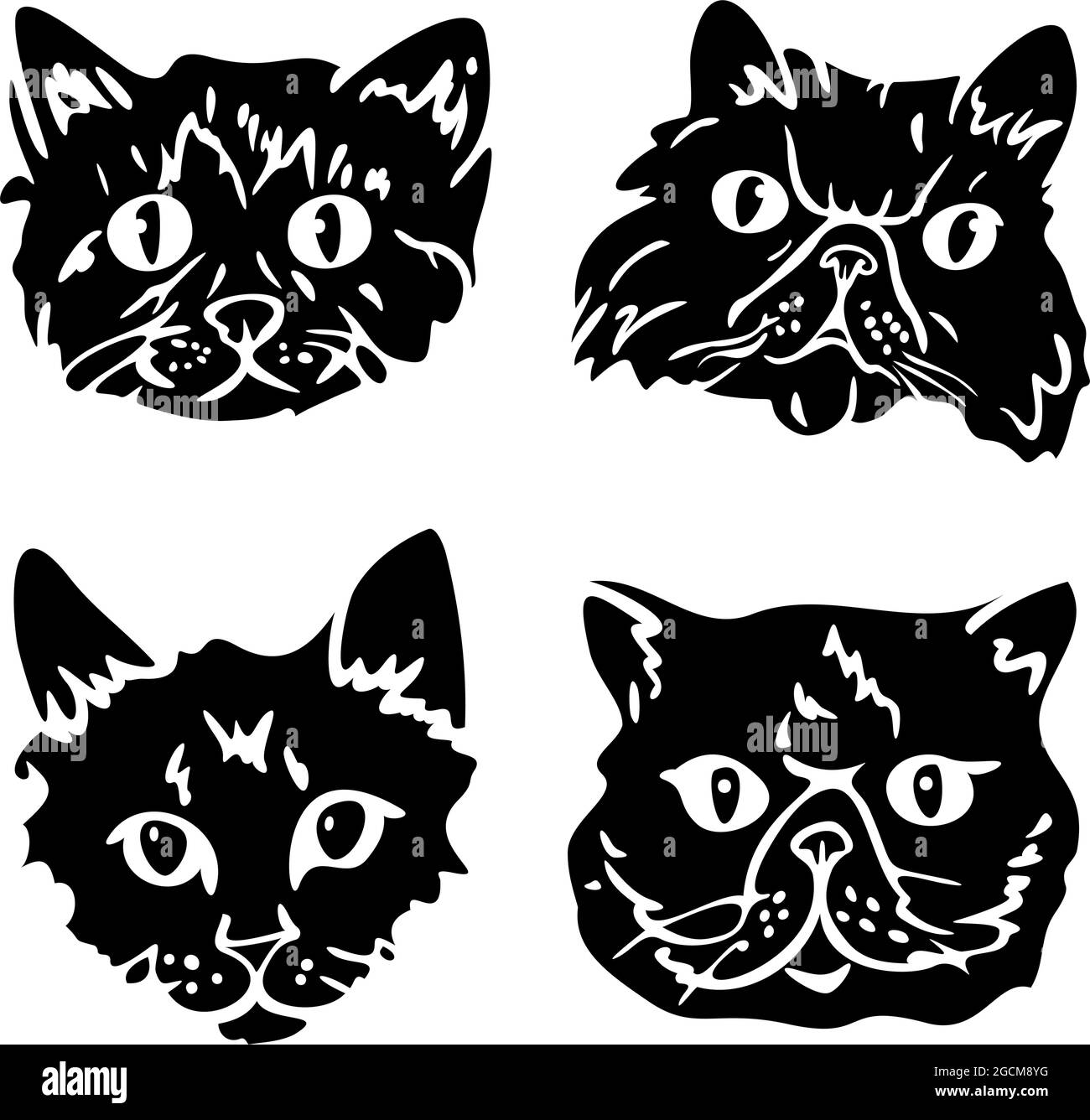 Ensemble d'illustrations vectorielles de silhouettes de chats. Portraits de chats décoratifs. Illustration de Vecteur