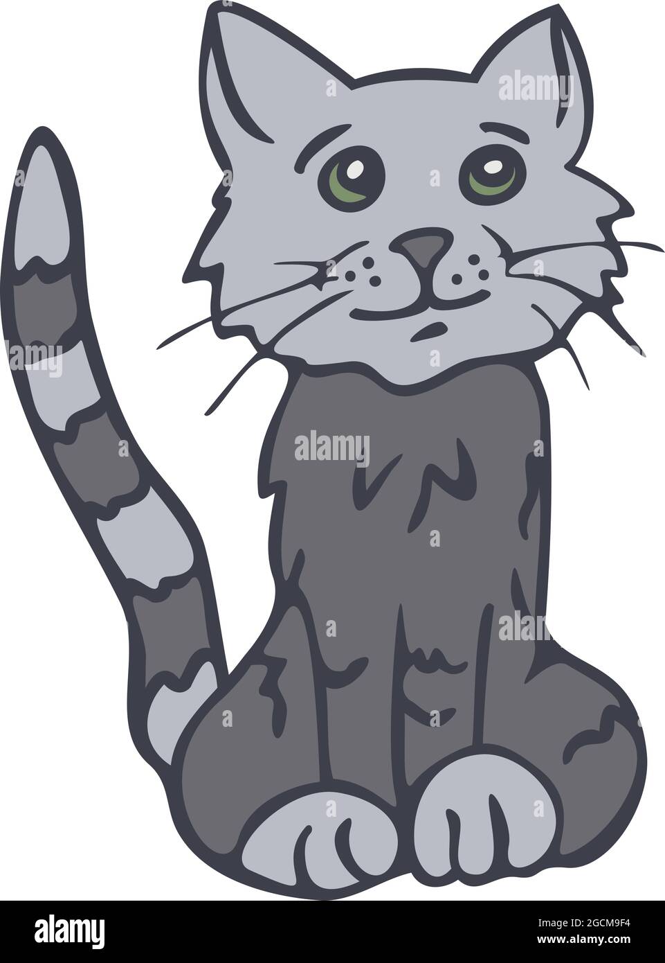Illustration vectorielle de chat gris assis. Chat dessin animé avec queue rayée. Illustration de Vecteur