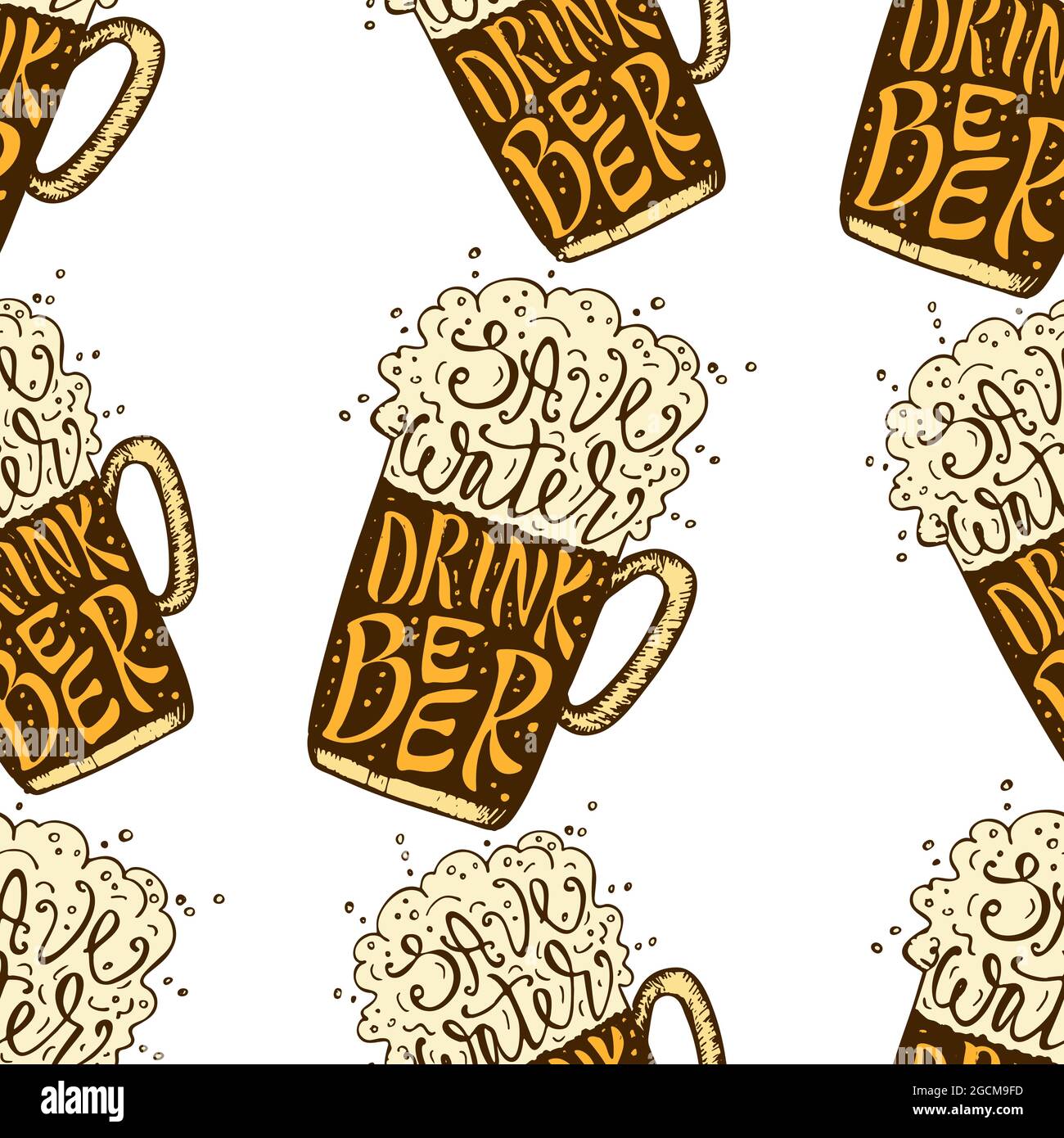 Buvez de la bière en lettres dessinées à la main et sans couture. Octoberfest bière amateurs texture sans couture. Illustration de Vecteur