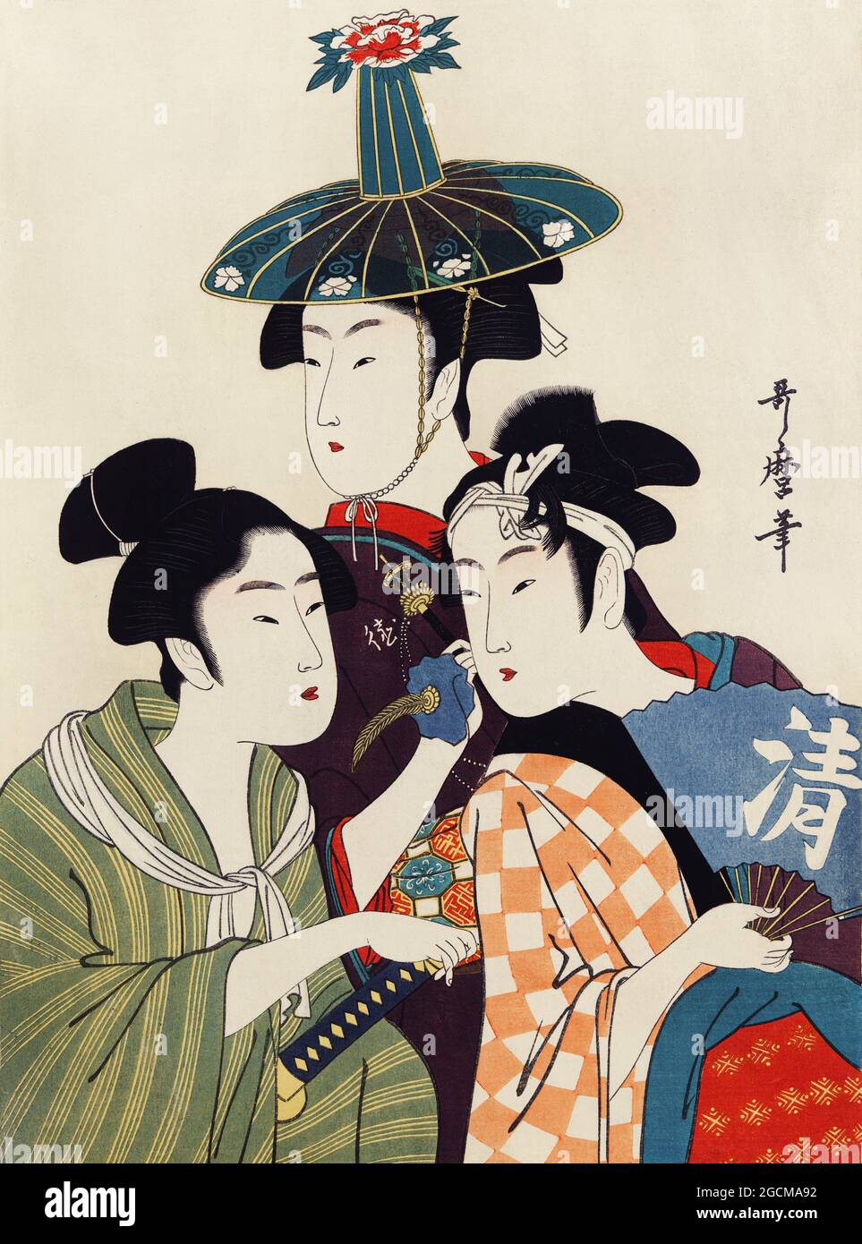 Œuvre d'art japonaise vintage nommée trois jeunes hommes ou femmes par Utamaro Kitagawa (1753-1806) Banque D'Images