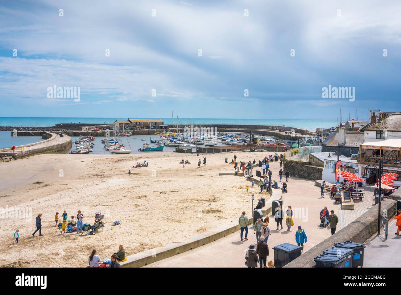 Lyme Regis Beach, vue sur la plage abritée de Lyme Regis avec le célèbre mur de port de rafle visible au-delà, Dorset, Angleterre, Royaume-Uni Banque D'Images