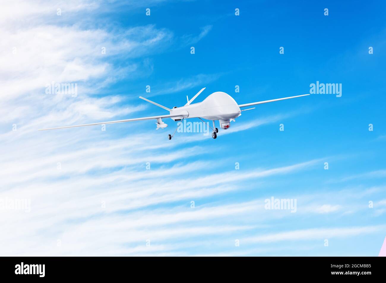 Un drone militaire sans pilote muni de missiles armés vole dans le ciel Banque D'Images