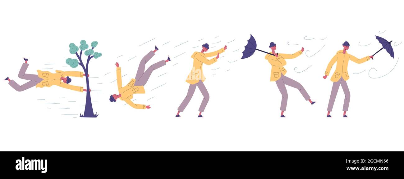 Lutte humaine contre la catastrophe de l'énergie éolienne d'ouragan. Homme frappé dans la catastrophe naturelle extrême vent fort, ouragan, pluie de douche vecteur illustration ensemble Illustration de Vecteur