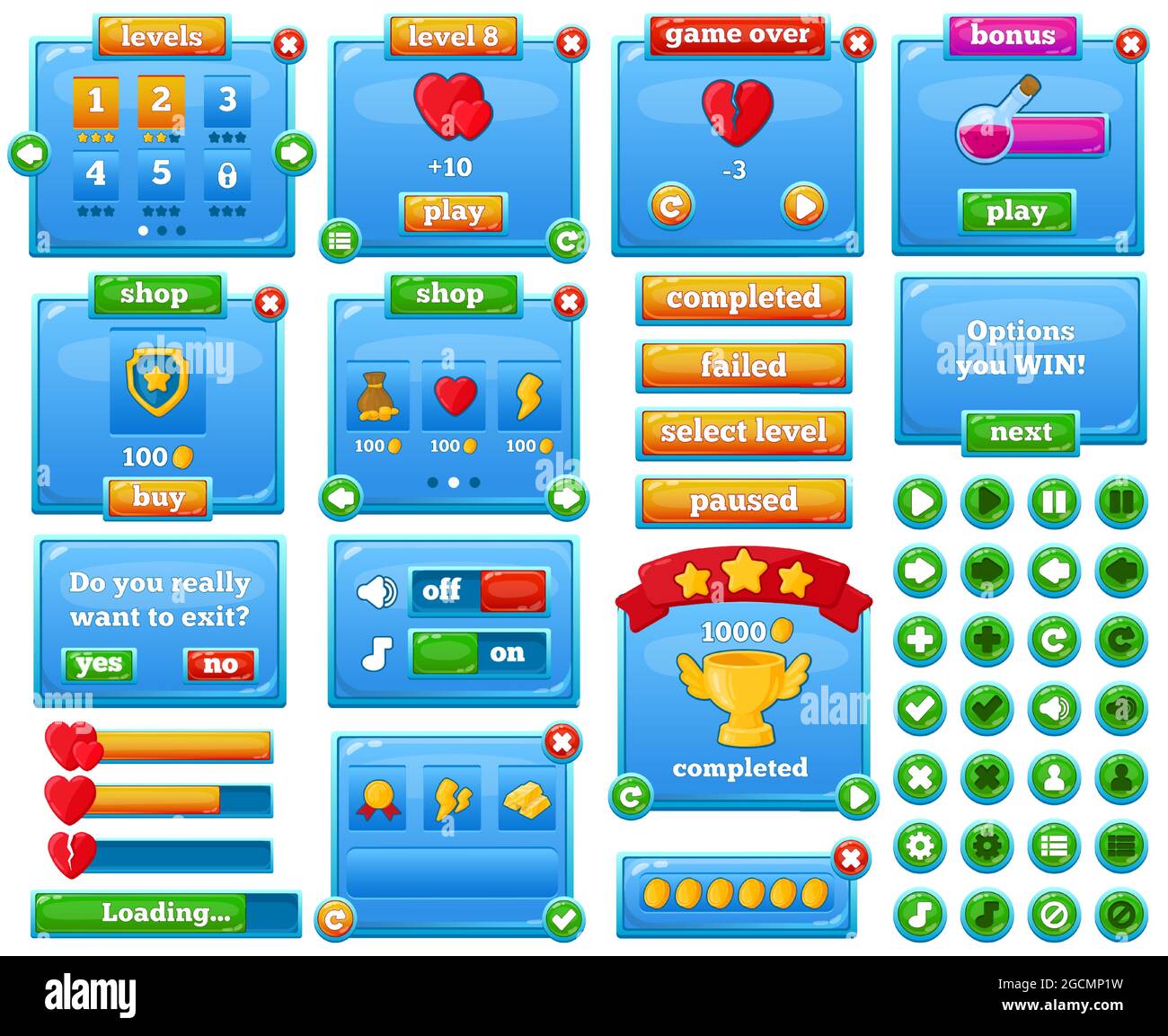 Interface de menu de jeu mobile Web de dessin animé. Interface gui de jeu, mobile décontracté jeu utilisateur menu éléments vecteur illustration ensemble. Interface de jeux vidéo Illustration de Vecteur
