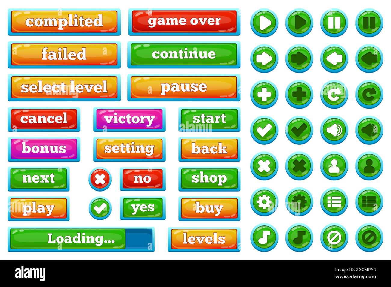 Boutons de l'interface utilisateur des jeux vidéo courants de dessin animé. Jeu 2d décontracté interface de jeu jouer, pause, arrêt, jeu sur les boutons vecteur illustration ensemble. Jeu mobile Illustration de Vecteur