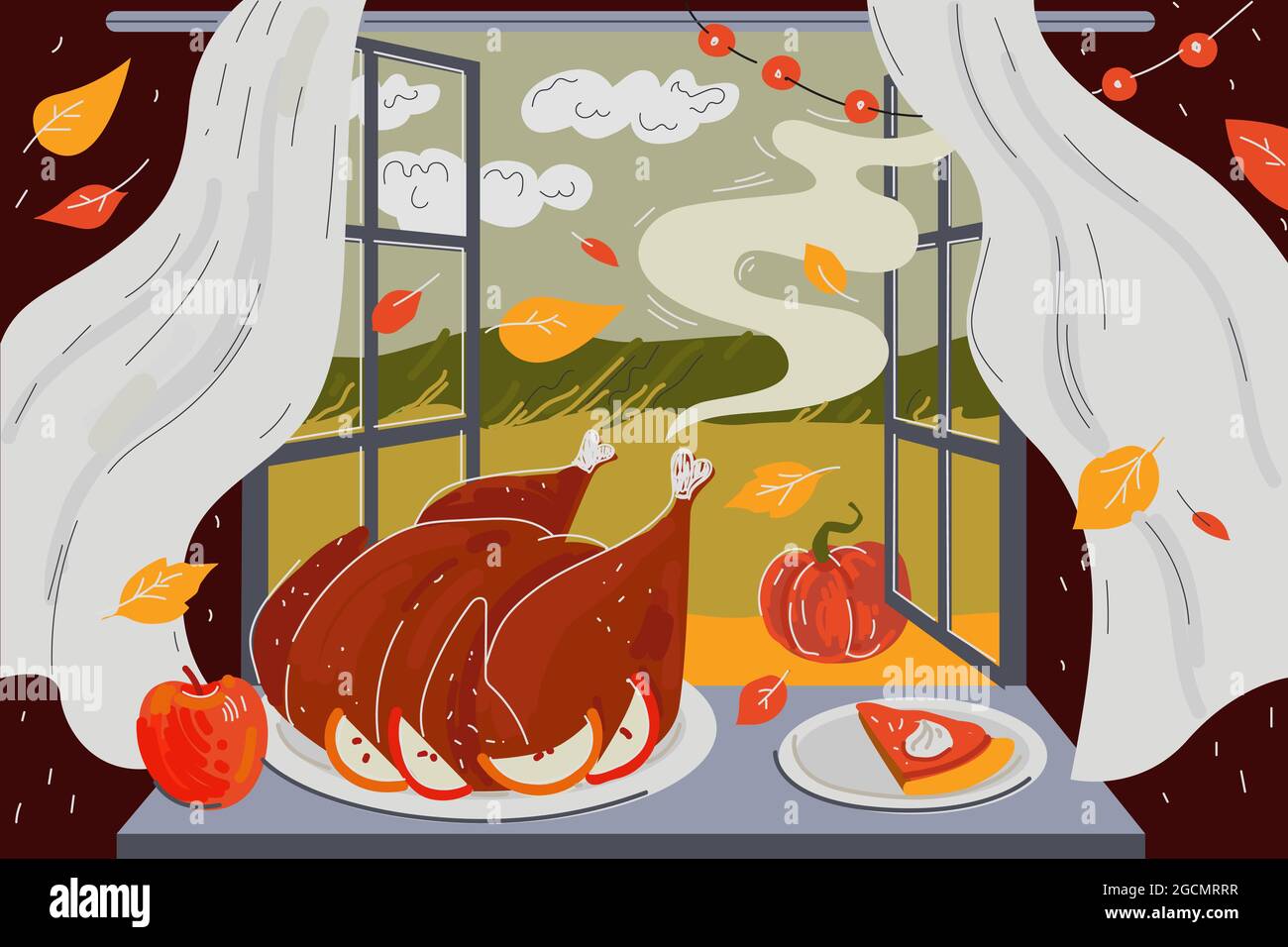 Carte de voeux pour les fêtes de Thanksgiving.L'arôme de la délicieuse dinde rôtie et de la tarte à la citrouille au four s'ouvre sur la fenêtre.Affiche traditionnelle de célébration de l'automne.Illustration vectorielle dessinée à la main Illustration de Vecteur