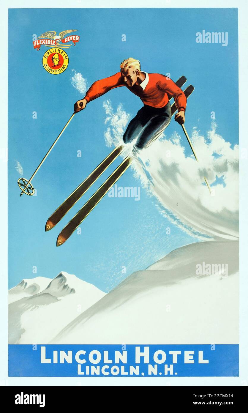 Affiche Sports d'hiver – style rétro, ski – Poster ski des années 1930 pour le Lincoln Hotel & Splitkein Østbye. Homme effectuant un saut à ski. Banque D'Images
