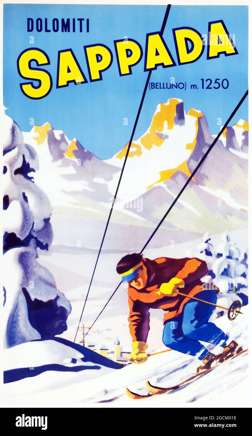 Affiche de sport d'hiver vintage – style rétro, ski, Italie affiche de voyage (c années 1930). 'Sappada Dolomiti' Banque D'Images