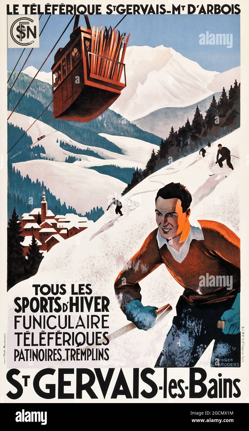 Affiche Vintage Winter Sport – style rétro, ski, – affiche de voyage St Gervais-les-bains. Un homme skiant sous un ascenseur de cabine. Roger Broders (1883-1953) Banque D'Images
