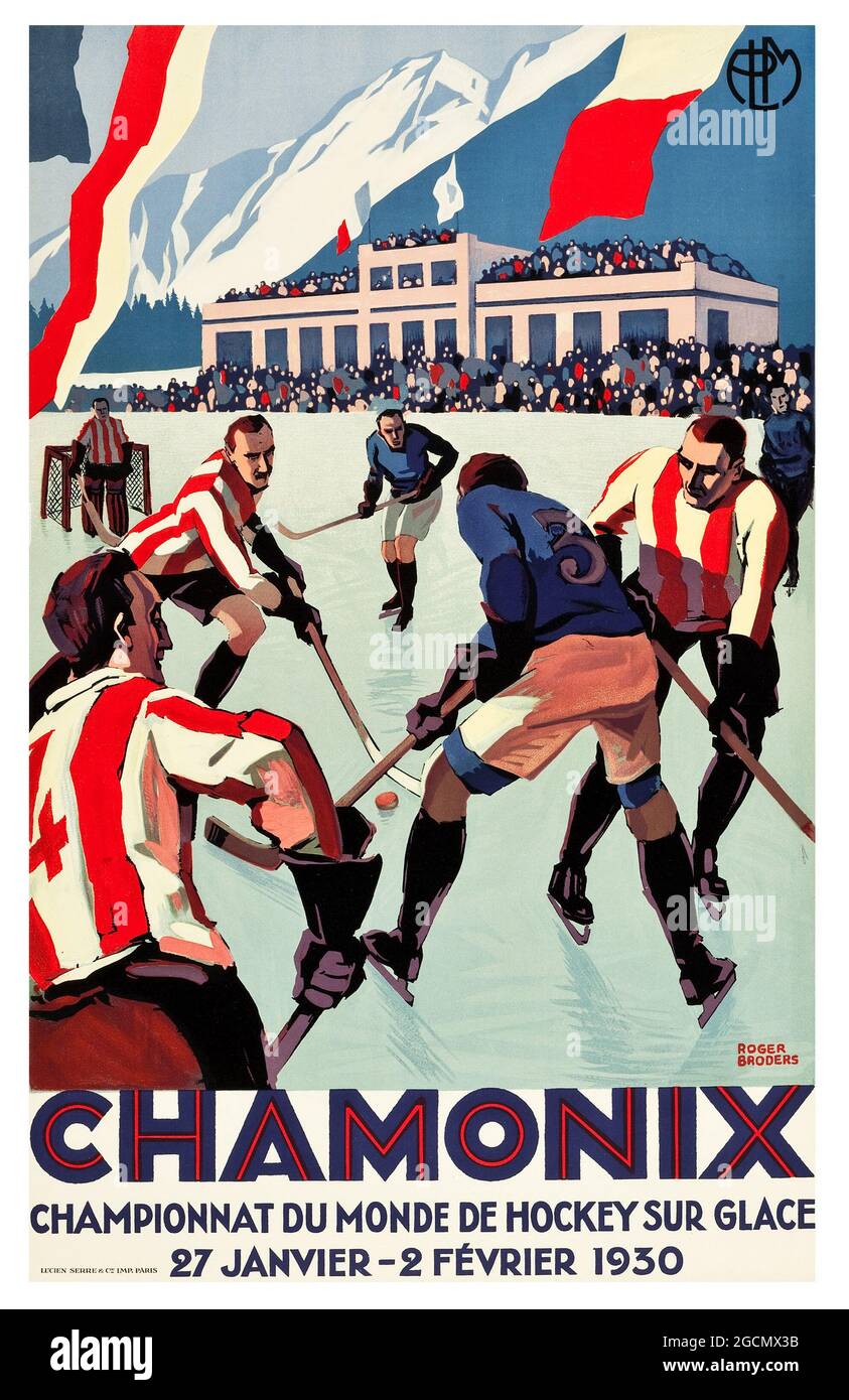 HOCKEY SUR GLACE – affiche Vintage Winter Sport – style rétro, affiche de voyage de Chamonix. Championnat du monde de hockey sur glace. 1930. Art Roger Broders. Banque D'Images