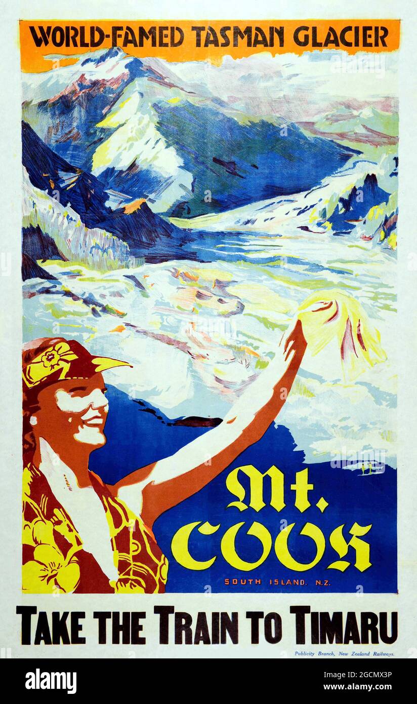 Affiche de sport d'hiver vintage – style rétro, ski: New Zealand Railway poster – Prenez le train jusqu'à Timaru, Tasman Glacier 1938. Banque D'Images