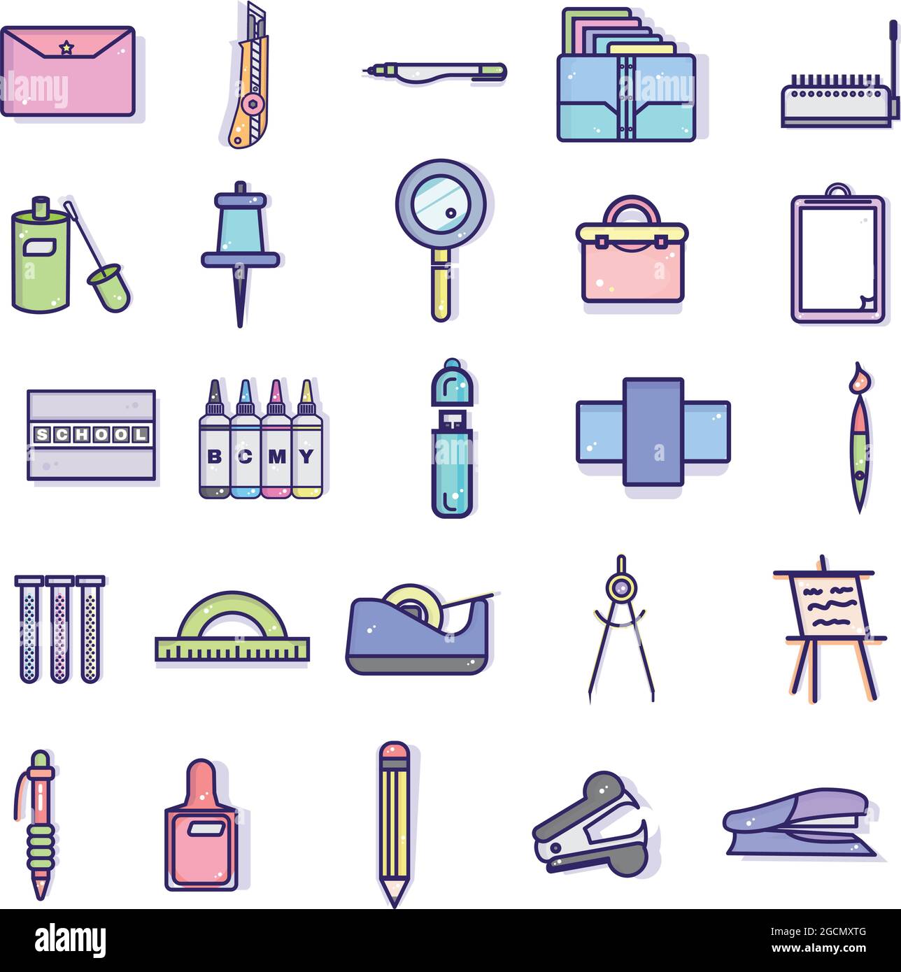 Ensemble de différentes icônes de fournitures scolaires Illustration de Vecteur