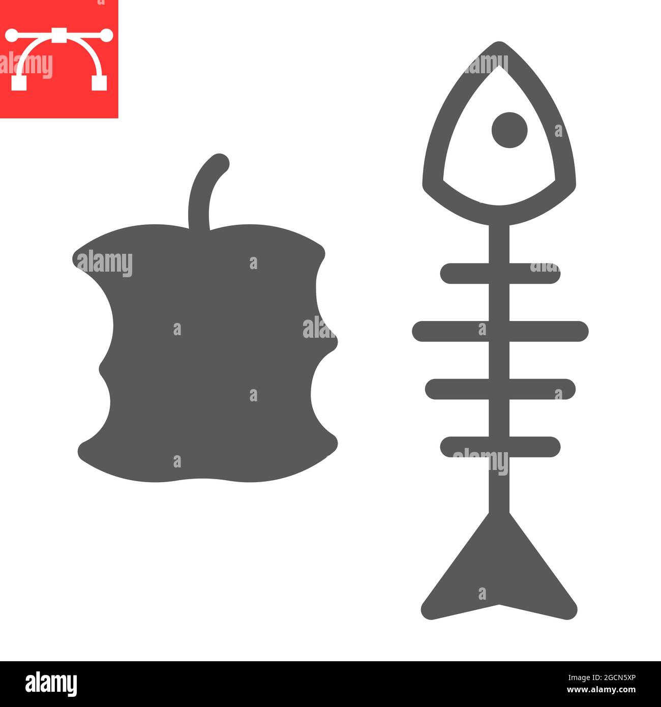 Icône de glyphe de déchets organiques, noyau de pomme et squelette de poisson, icône de vecteur de déchets alimentaires, graphiques vectoriels, signe solide de contour modifiable, eps 10 Illustration de Vecteur