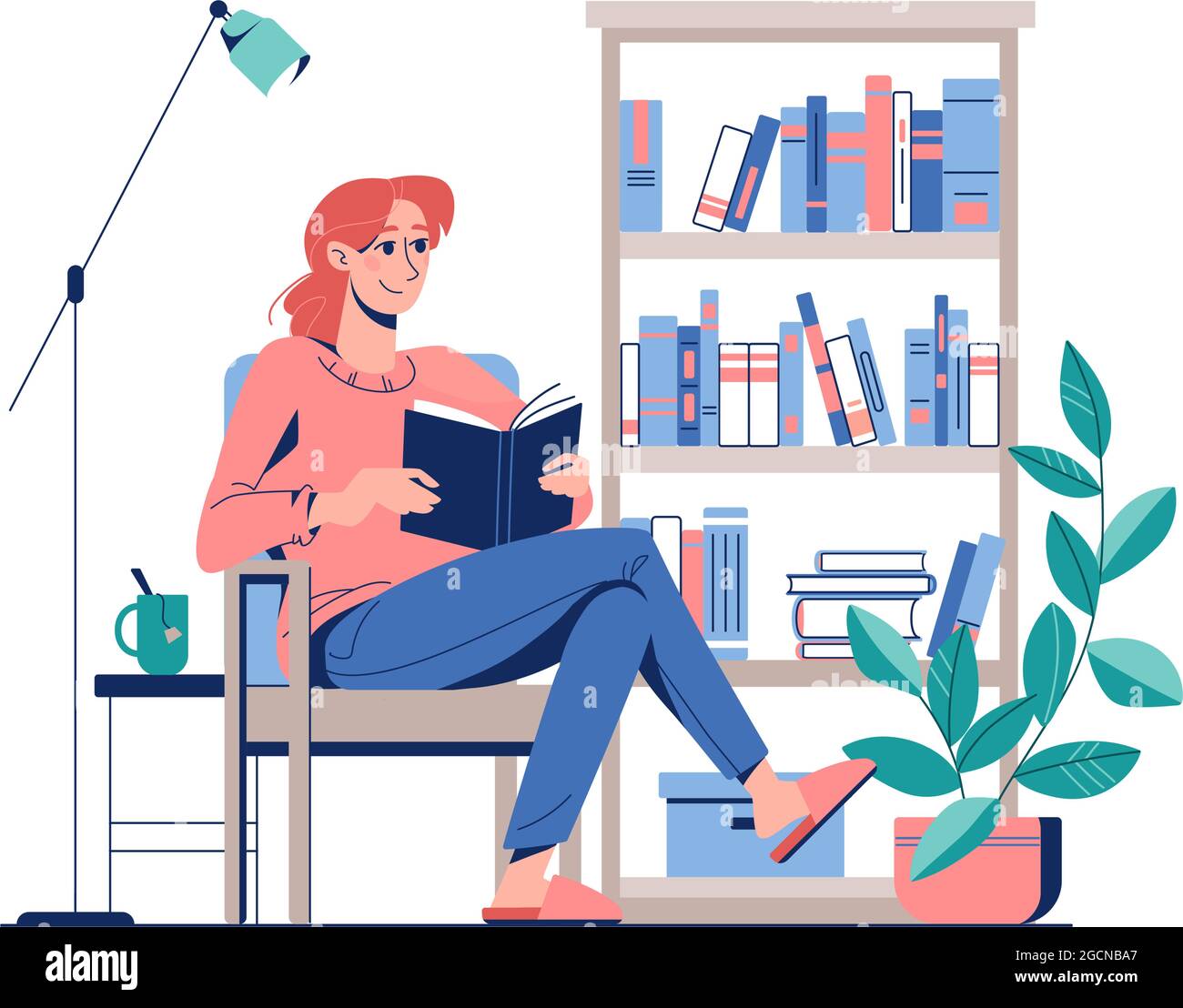 Le concept de la lecture à la maison dans un fauteuil confortable. La fille est en train de lire un livre, à côté du thé et d'une bibliothèque. Illustration vectorielle dans un style plat. Illustration de Vecteur