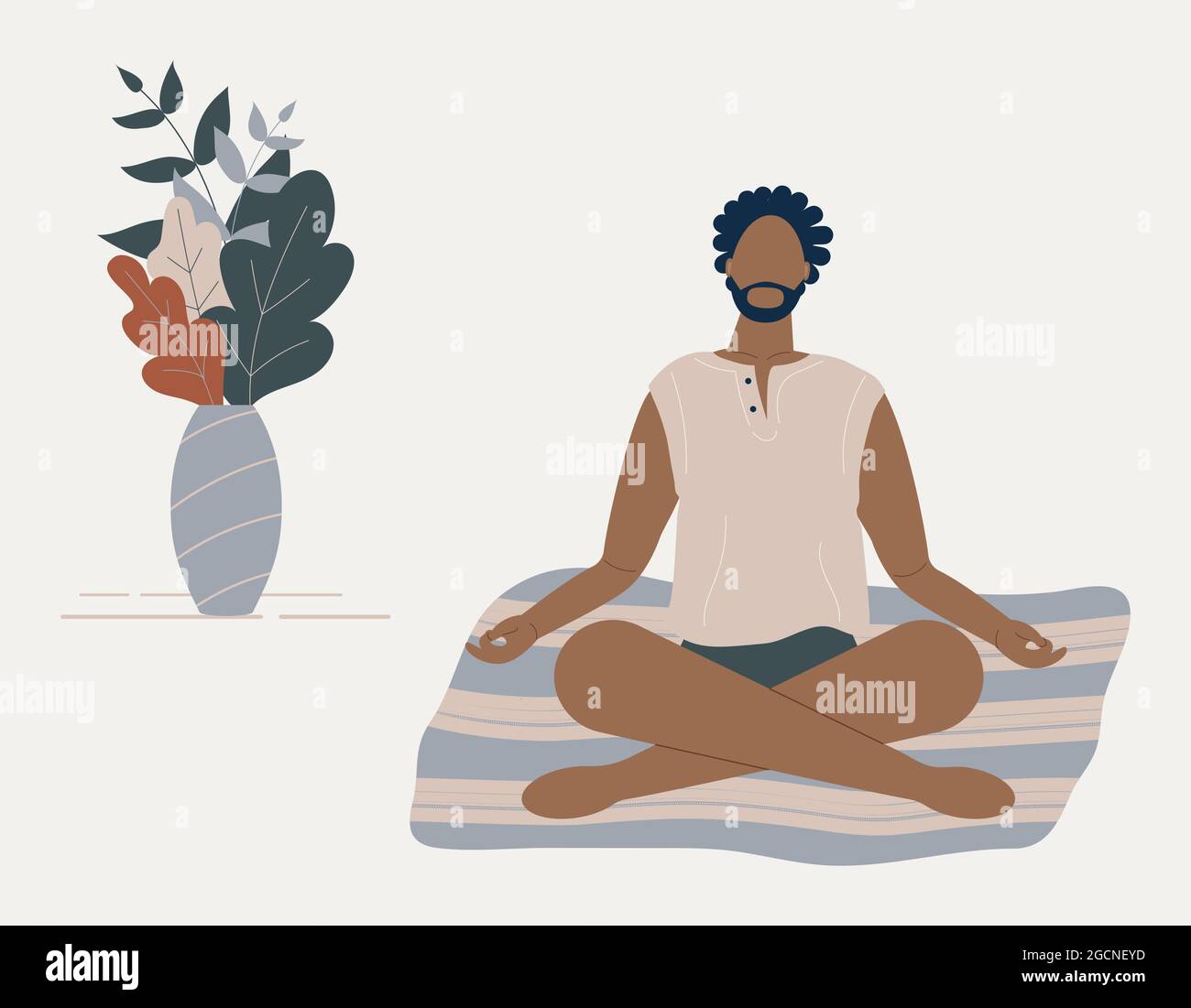 Homme afro-américain assis avec ses jambes croisées sur le sol et méditant. Jeune homme dans la posture de yoga faisant la méditation, pratique de pleine conscience Illustration de Vecteur