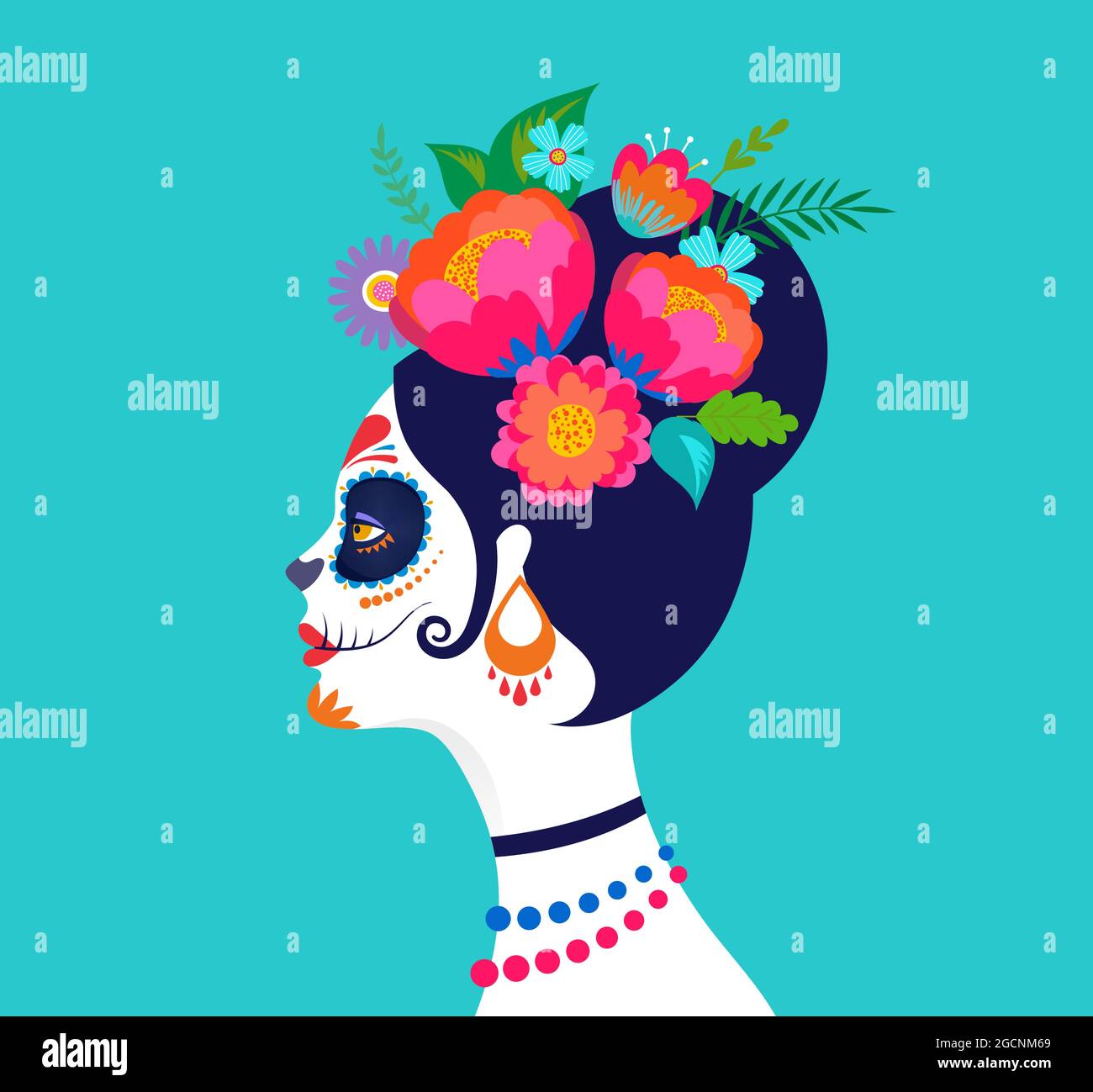 Dia de los muertos, jour des morts, vacances mexicaines, festival. Affiche, bannière et carte avec maquillage du crâne de sucre, femme avec couronne de fleur Illustration de Vecteur