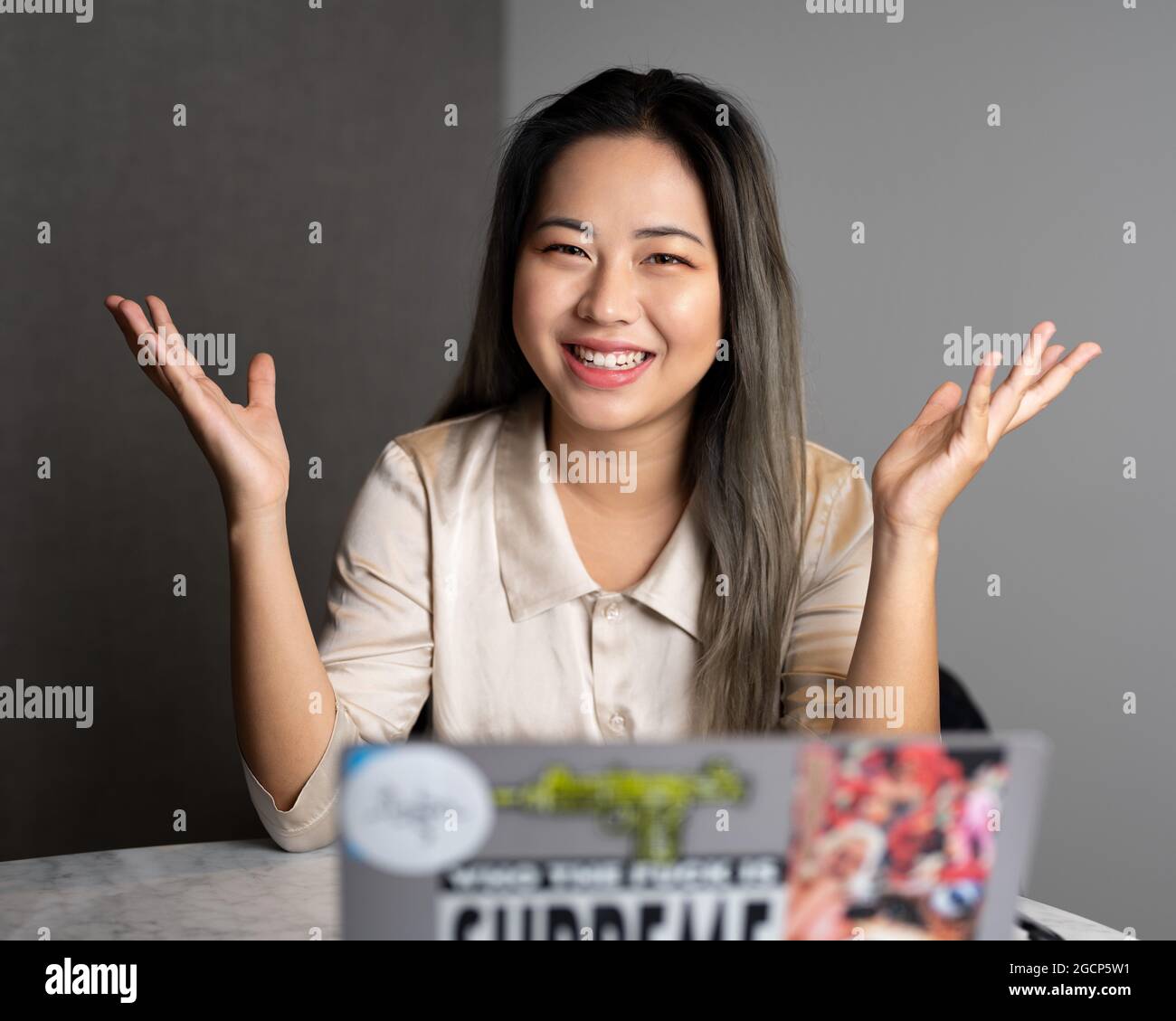 Une scientifique des données féminine asiatique edgy explique les résultats des analyses Banque D'Images