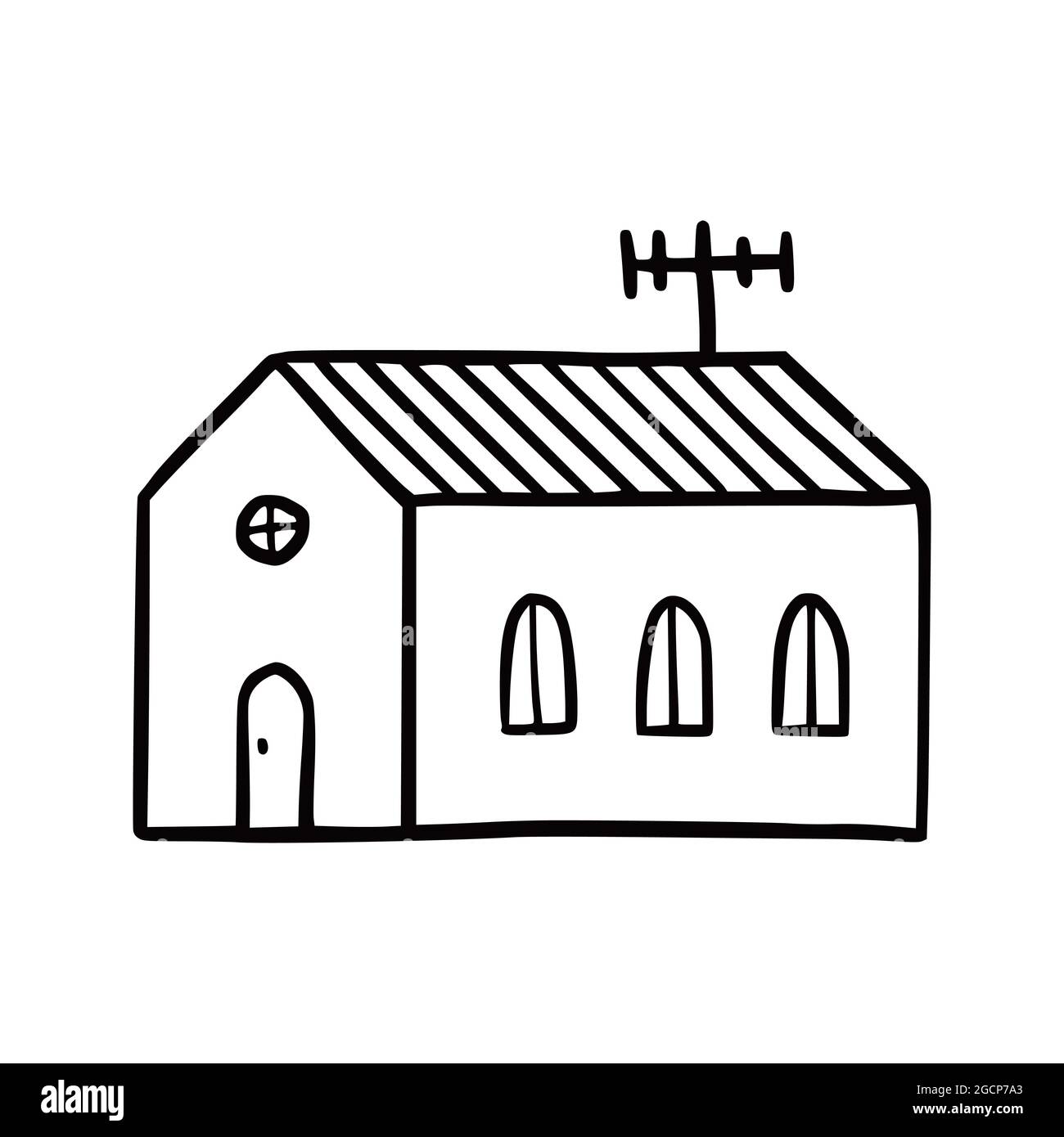 Maison mignonne dessinée à la main. Doodle sketch style home. Maison avec fenêtre, toit. Illustration vectorielle de l'icône d'accueil. Illustration de Vecteur