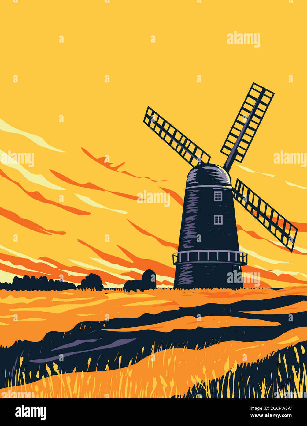 Affiche art déco ou WPA d'un moulin à vent de drainage à Norwich dans les Norfolk Broads dans le parc national de Broads, Norfolk, Angleterre, Royaume-Uni fait Illustration de Vecteur