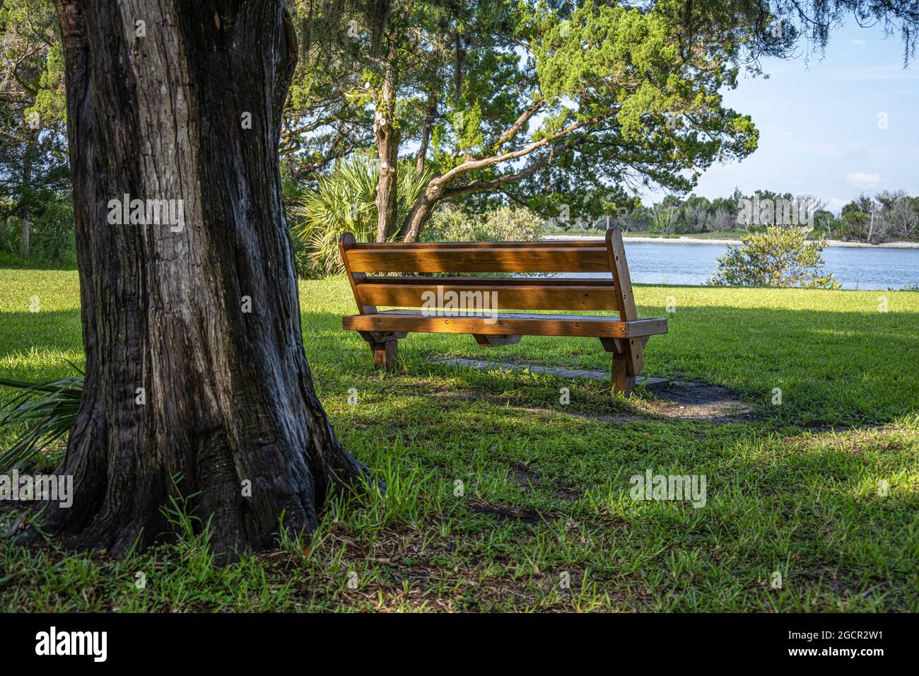 Banc de parc ombragé avec vue sur la rivière Matanzas (Intracoastal Waterway) au parc national Washington Oaks Gardens à Palm Coast, en Floride. (ÉTATS-UNIS) Banque D'Images