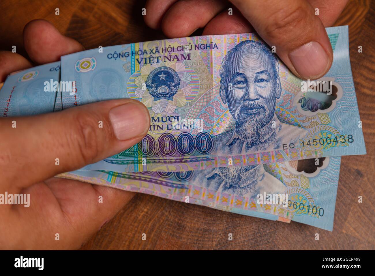 La main masculine tient un fan de Vietnames Dong billet, la monnaie du Vietnam. Gros plan Polymer Money du Vietnam. 20000 Dong ou VND dans la main mâle. En fro Banque D'Images