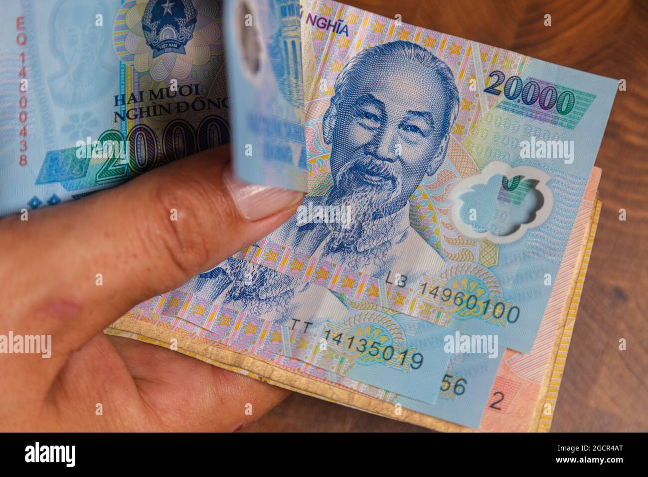 La main masculine tient un fan de Vietnames Dong billet, la monnaie du Vietnam. Gros plan Polymer Money du Vietnam. 20000 Dong ou VND dans la main mâle. En fro Banque D'Images